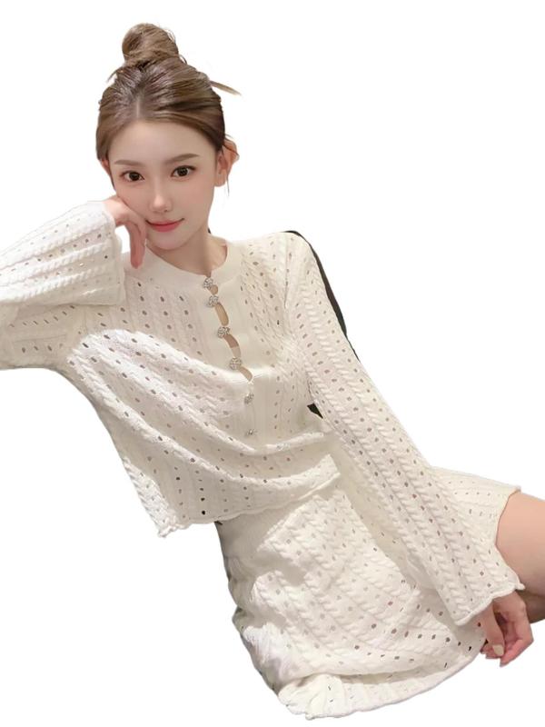绝美漂亮小套装女2025夏季小个子镂空长袖上衣搭配显瘦半身裙潮流|undefined