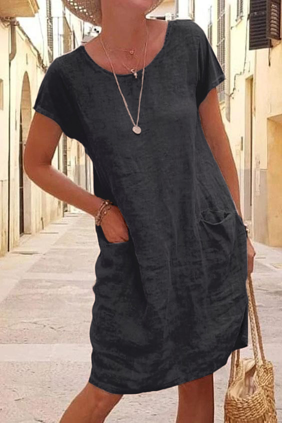 Loose Version Solid Color Pattern Summer Season Wholesale Women'S Casual Pocket Patchwork Solid Color Daily Round Neck Short Sleeve A-Line Skirt