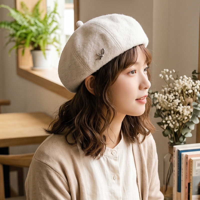 순색 스웨이드 베레모 가을 겨울 큰 머리 모자 여성 고급감 패션 백합 신문