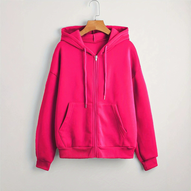 Women's Solid Color loose Drawstring Hoodie, Flat Lined Thick Zipper Cardigan, Autumn and Winter Long Sleeve Casual Sports
