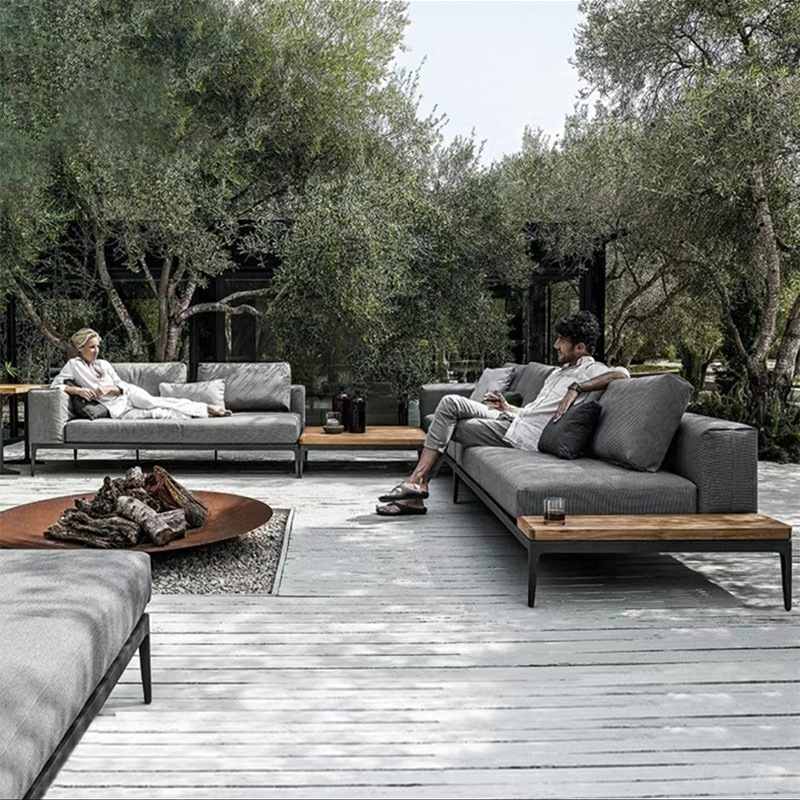 Nórdico ratán sofá muebles patio jardín Villa balcón al aire libre Hotel ocio al aire libre teca sofá combinación