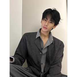 花纱麦穗提花假两件针织开衫外套男款秋季小众拼接衬衫领灰色毛衣