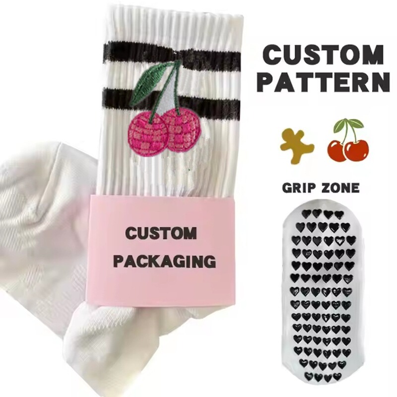 Custom Embroidered Cherry Disco Ball Logo Striped Yoga Pilates Non-Slip Socks Heart-Shaped Non-Slip Pilates Socks