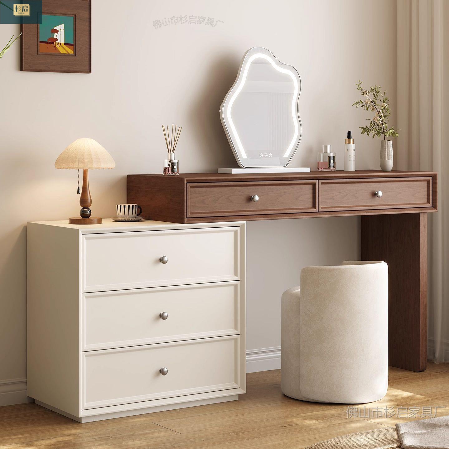 Walnut Dressing Table, Medieval Cream Style, Small Bedroom Cupboard, Integrated Solid Wood Dressing Table, Song Style Aesthetics