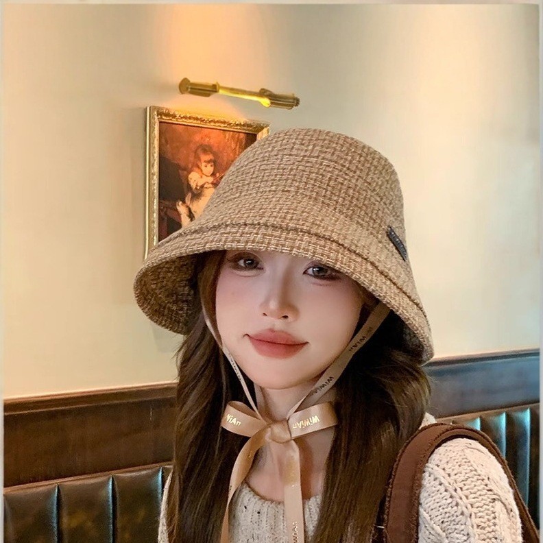 秋冬季简约小香风格纹渔夫帽子女2025新款时尚百搭卷边显脸小盆帽|undefined