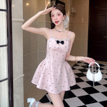 蝴蝶結印花吊帶連衣裙女帶胸墊蓬蓬裙蕾絲拼接收腰純欲公主短裙夏