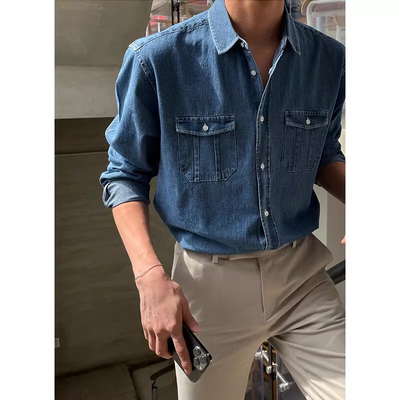 Retro Workwear Denim Shirt for Men, High-End Korean Style Loose Long-Sleeved Top, Trendy and Versatile Blue Shirt Jacket Retro Workwear Denim Shirt for Men, High-End Korean Style Loose Long-Sleeved Top, Trendy and Versatile Blue Shirt Jacket
