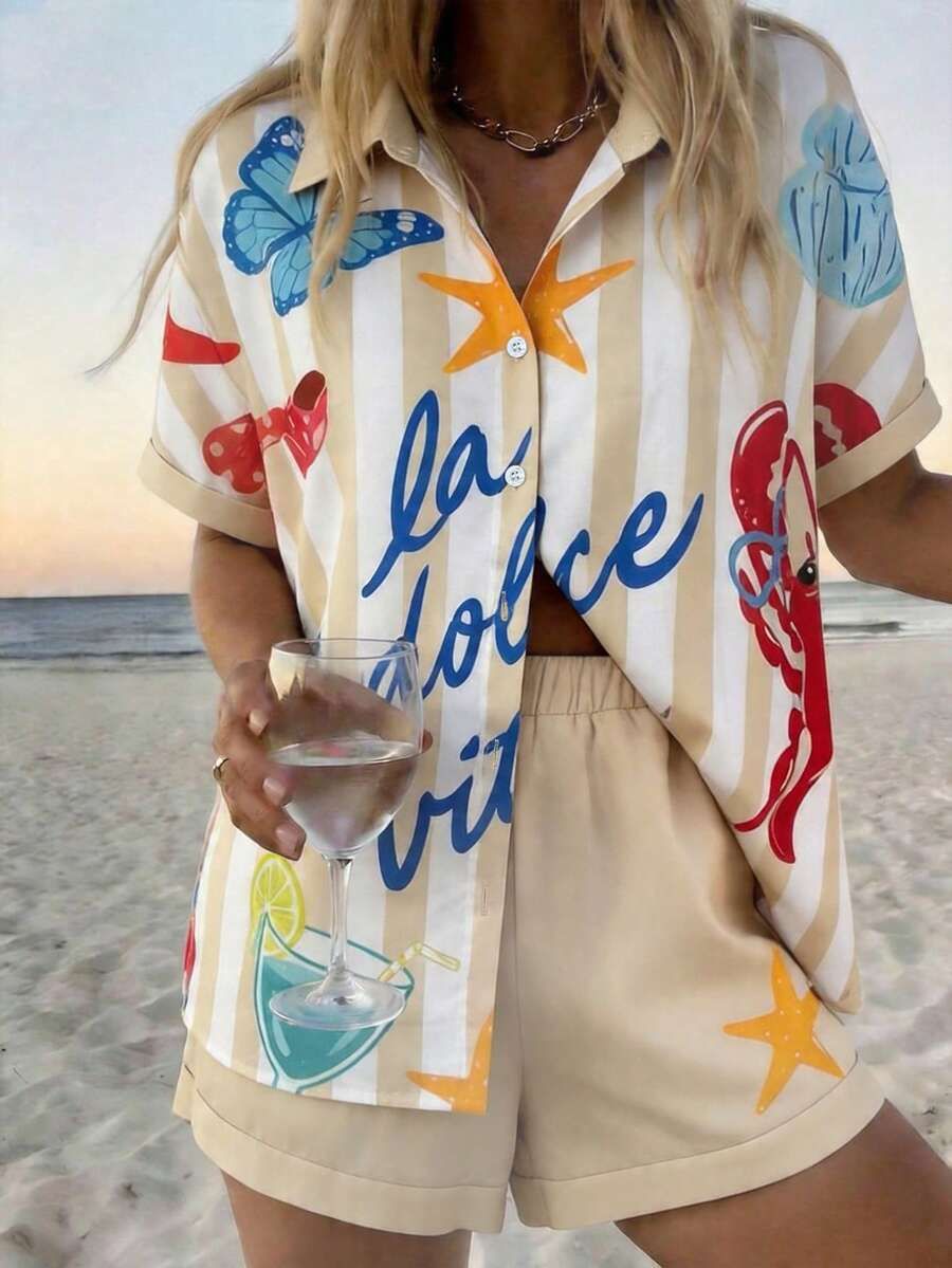 Conjunto de camisa e calções em linho floral para mulher_voghion.com