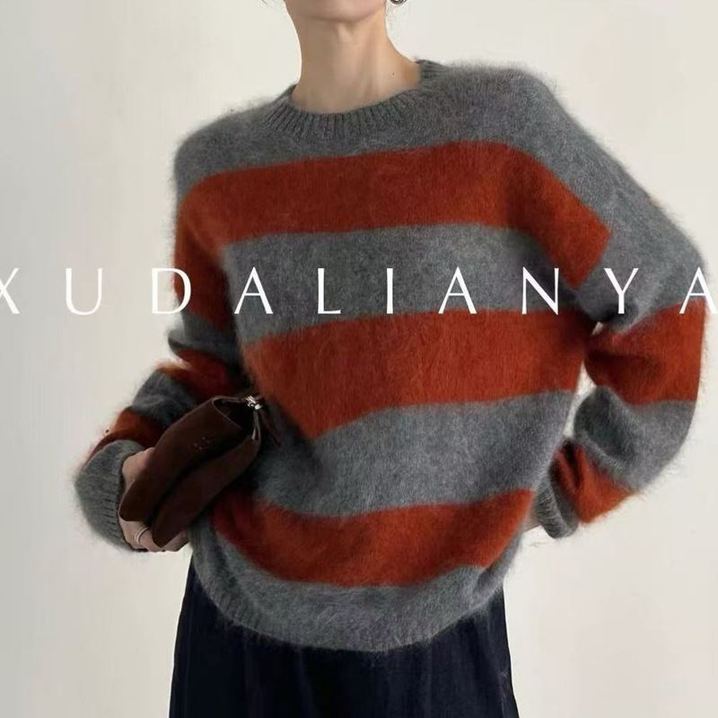 6 Cashmere 94 Wool Fluffy Brushed Knitwear Autumn and Winter Cloud Loose Stripesd Knitwear for Women