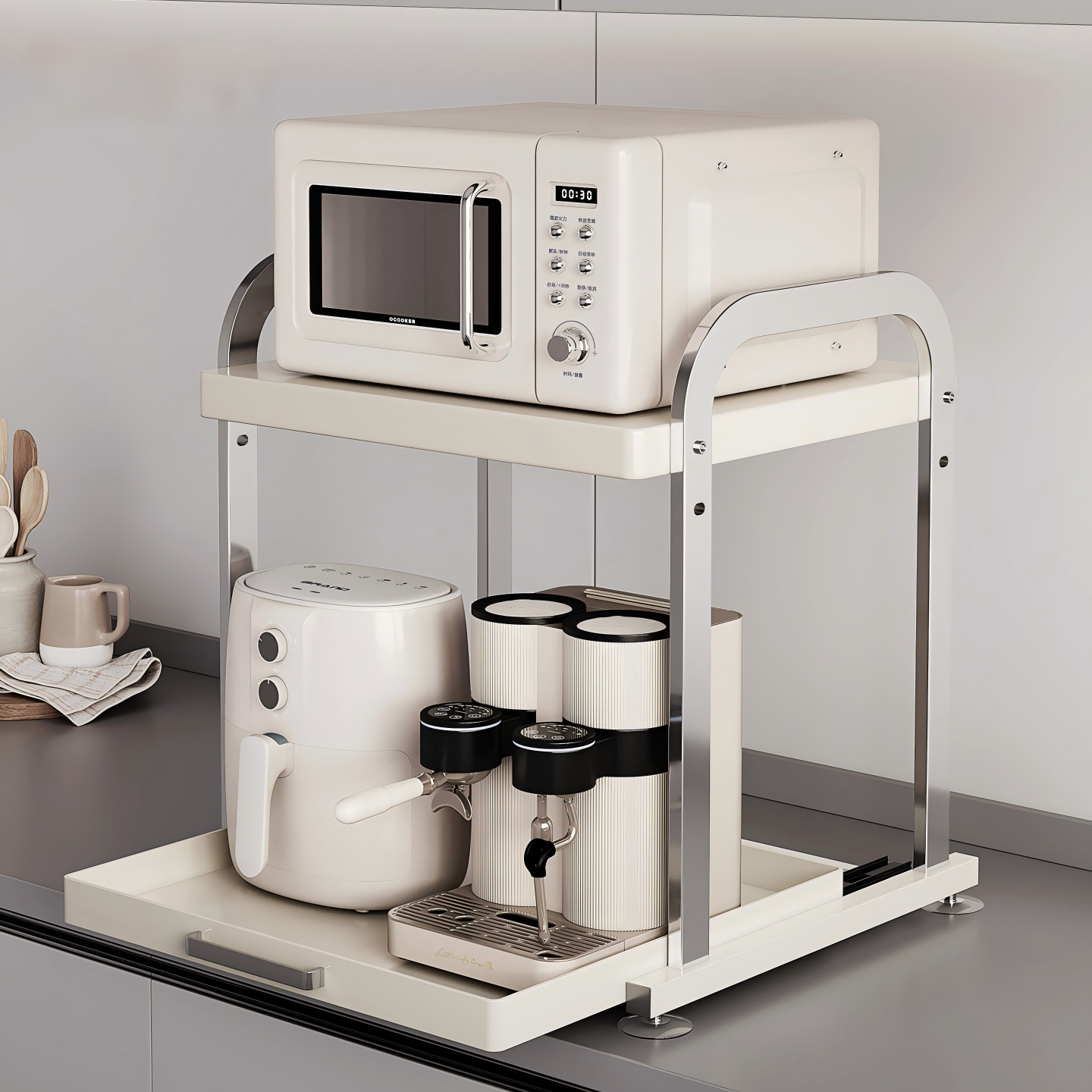 Kitchen Microwave Storage Rack Stainless Steel Countertop Pull-out Oven Rice Cooker Air Fryer Appliance Storage Rack