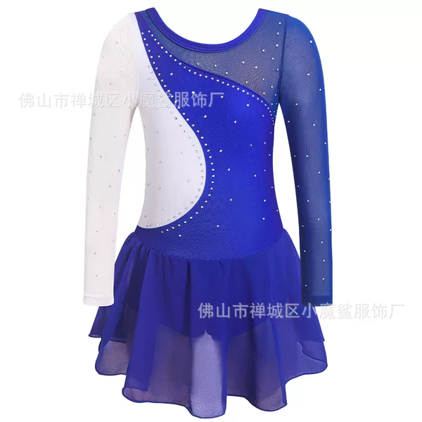 Girls' Gymnastics Dance Dress Ballet Leotard Dress Long-Sleeved Color-Blocked Diamond Mesh Patchwork Tulle Skirt