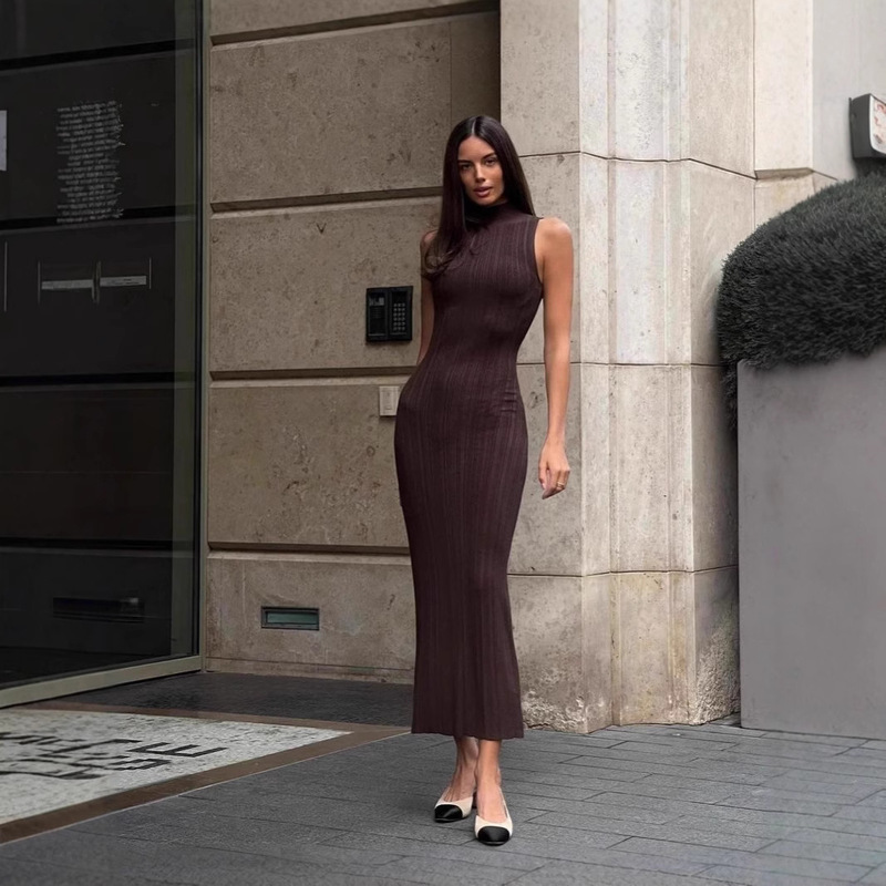 2024 New Cross-border Women's High Collar Knitted Dress Sexy Mid-length French Polyester Fashion dress