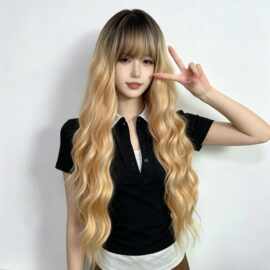 源头厂家直销时尚齐刘海羊毛卷轻薄自然混色浅金全头套假发女wigs