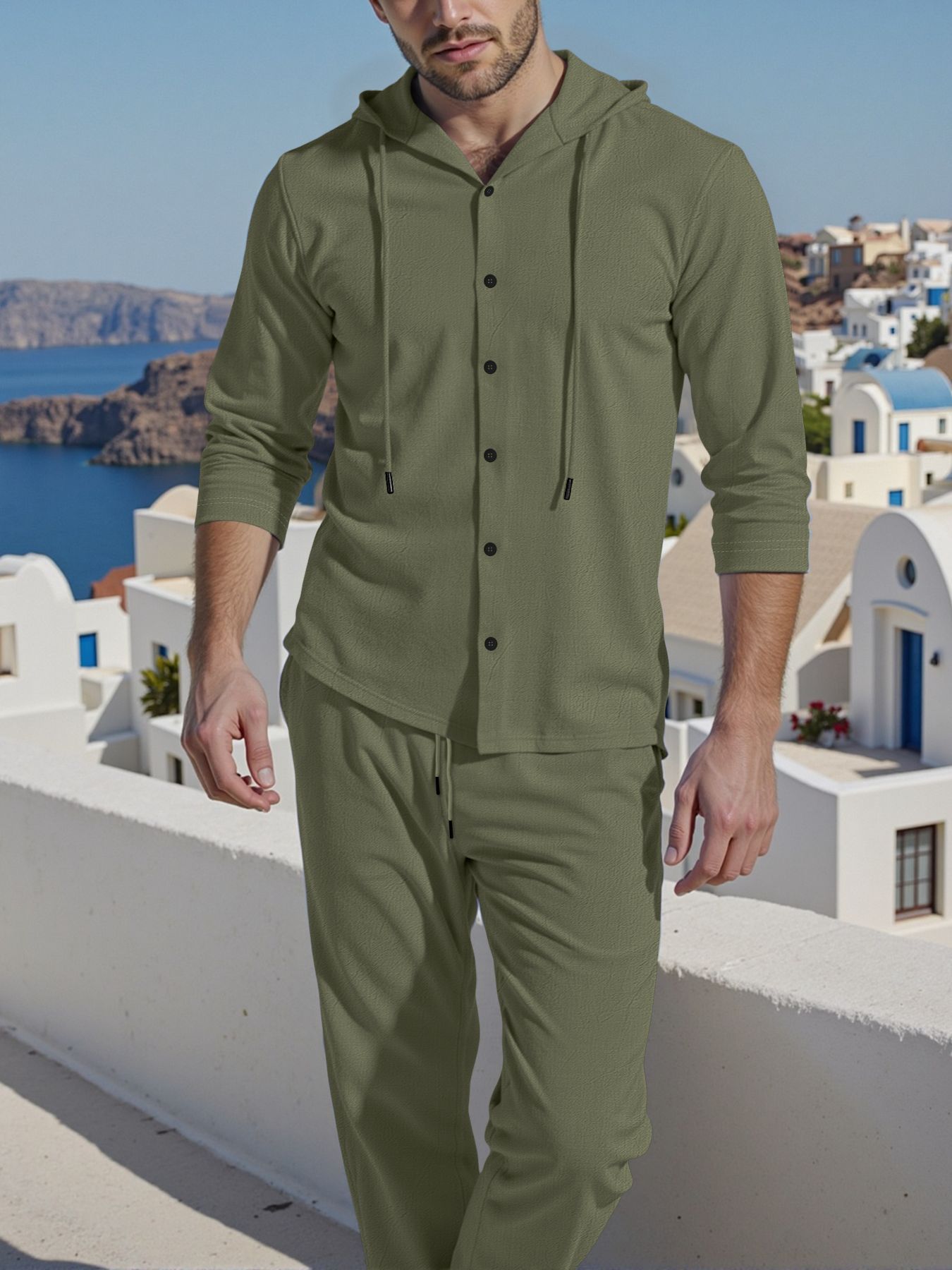Men's Linen Hooded Shirt & Pants Set - Relaxed Fit Casual Outfit For Spring & Autumn (Beige/Gray, S-XXL) | Breathable Natural Fiber Lounge Wear_voghion.com