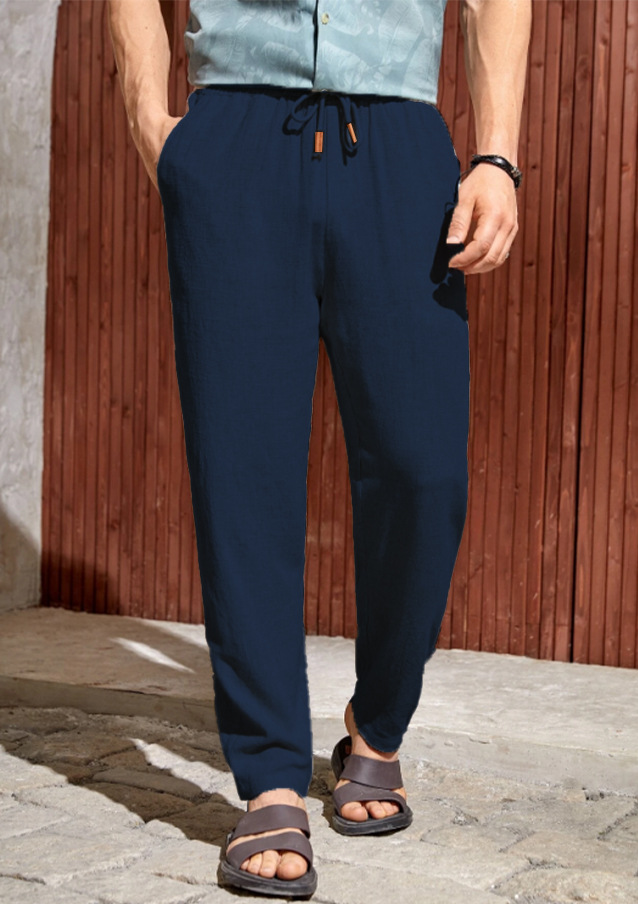 Men's Casual Cotton-linen Drawstring Trousers Breathable Fit_voghion.com