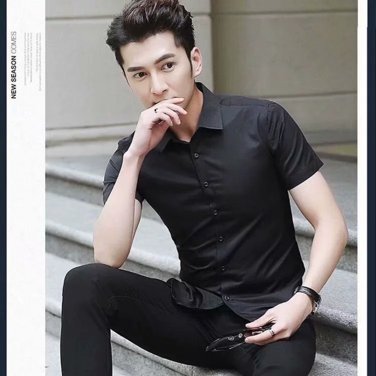 Рубашка с короткими рукавами Мужская приталенная деловая Повседневная рубашка Летний тонкий черно-белый модный топ Красивая Рабочая одежда