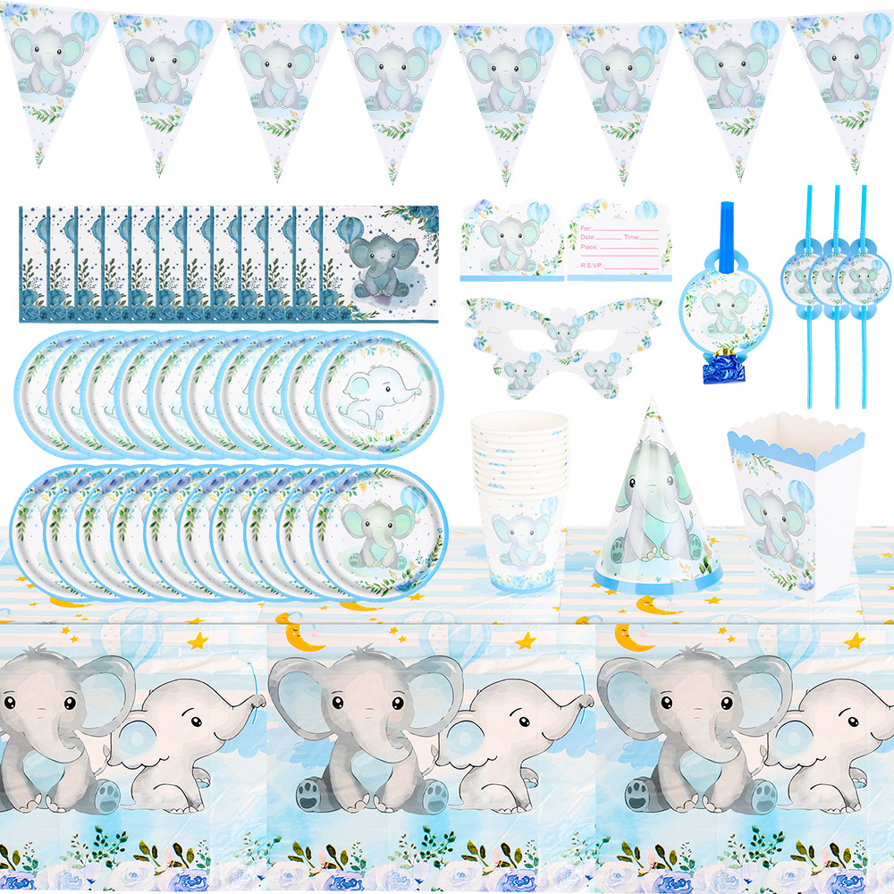 Elefante azul nuevo tema azul juego de cubiertos de fiesta para bebés decoración bandeja de papel desechable tazas de papel