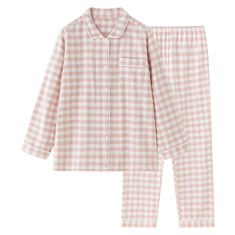Couple Pajamas Set Japanese Simple Plaid Pure Cotton Women's Spring & Fall Lapel Casual Air-Conditioned Room Long-Sleeved Home Clothes