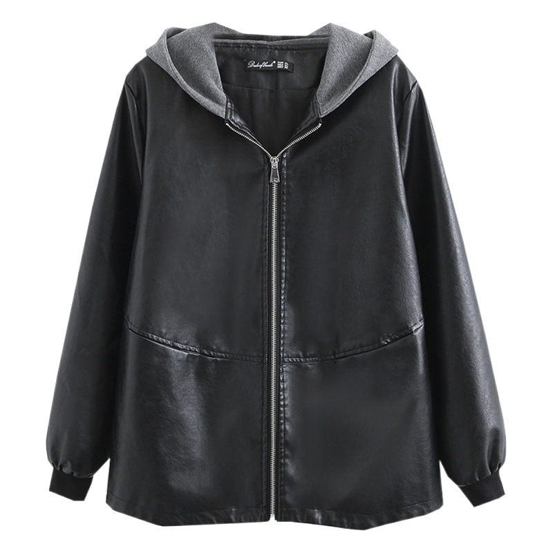 Large Size Women's Clothing Spring New Fashionable Washed Hooded Leather Coat All-match Elegant 0412102 Coat for Chubby Mother