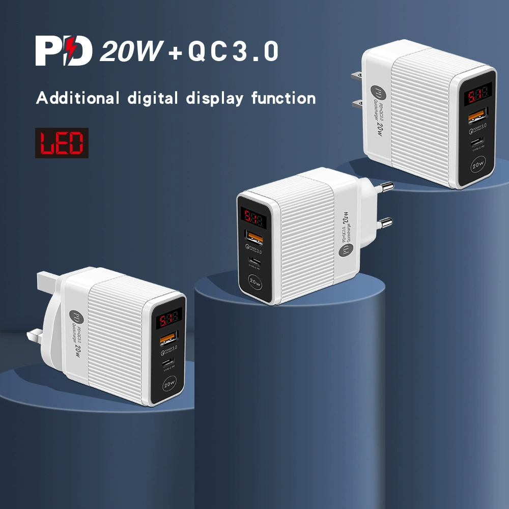 Двухпортовая 20W быстрая зарядка с розеткой QC3.0+PD, европейская и американская/британская вилка, Type-C адаптер питания
