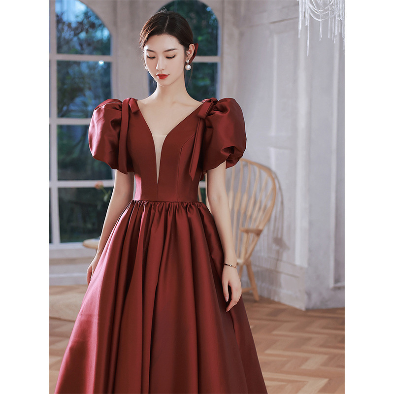 Cross-Border Supply 2026 Foreign Trade Deep V-Neck Puff Sleeve Slim-Fit Textured Wedding Dress Evening Gown Plus Size