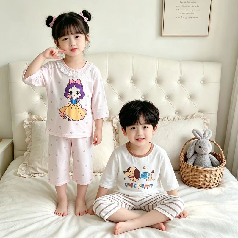 Children's Lyocell Pajama Set, Summer Thin Style, Three-Quarter/Three-Quarter Sleeve, Air-Conditioning Suit for Boys and Girls, Lace Trim, Class A Home Clothing Children's Lyocell Pajama Set, Summer Thin Style, Three-Quarter/Three-Quarter Sleeve, Air-Conditioning Suit for Boys and Girls, Lace Trim, Class A Home Clothing