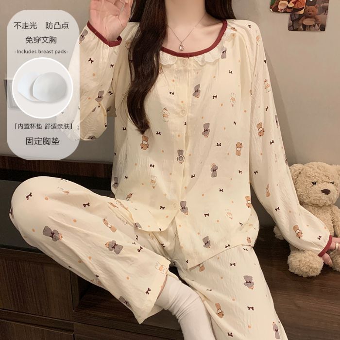 带胸垫睡衣女秋季2025年新款新国风圆领长袖长裤套装家居服可外穿|undefined