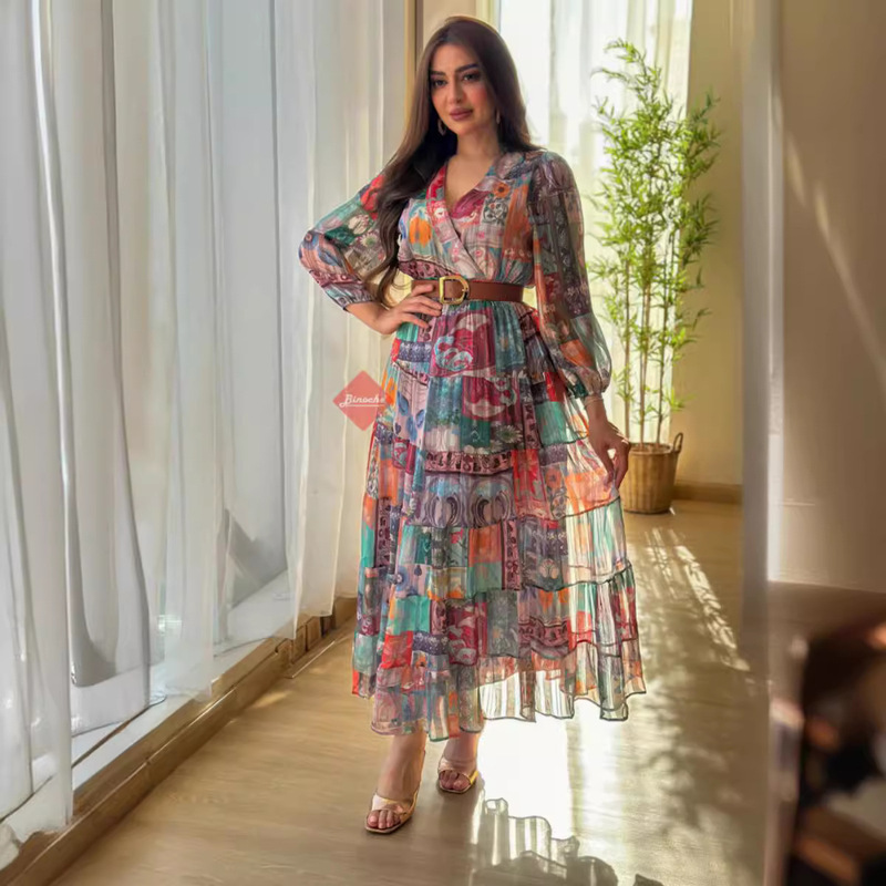 2024 Spring and Summer Cross-Border Women's Clothing Export Independent Station Ebay Sexy Chiffon Printed Large Swing Belt Prom Evening Dress 2024 Spring and Summer Cross-Border Women's Clothing Export Independent Station Ebay Sexy Chiffon Printed Large Swing Belt Prom Evening Dress