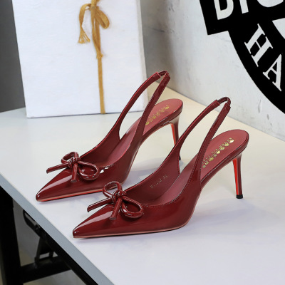 1362-H105 European and American style sexy banquet bow pointed shallow mouth high-end patent leather back empty back str