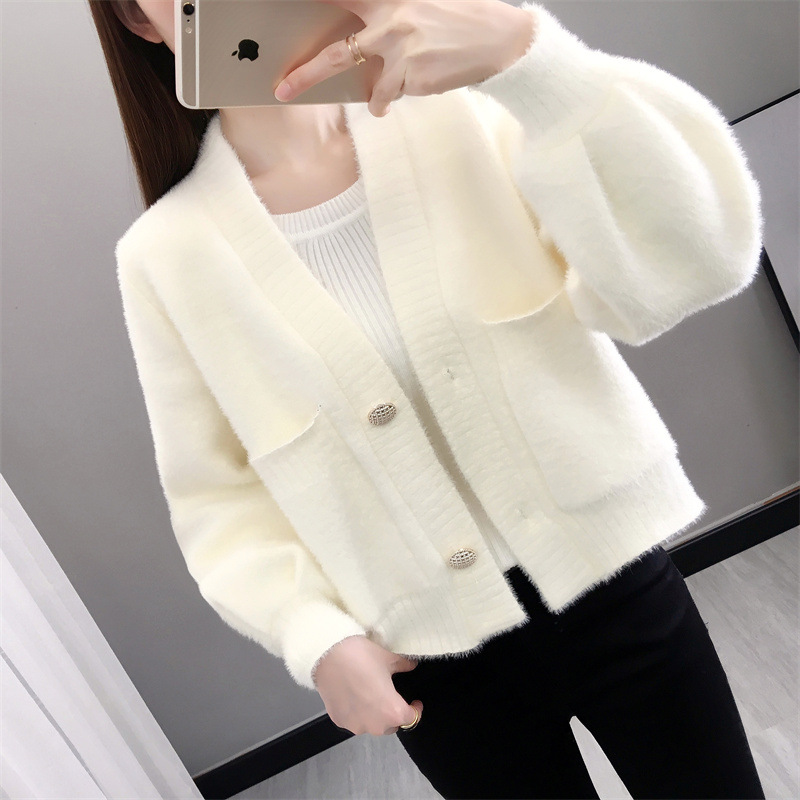 Mink like knitted cardigan women's new Korean version thickened short short short loose outer sweater spring coat