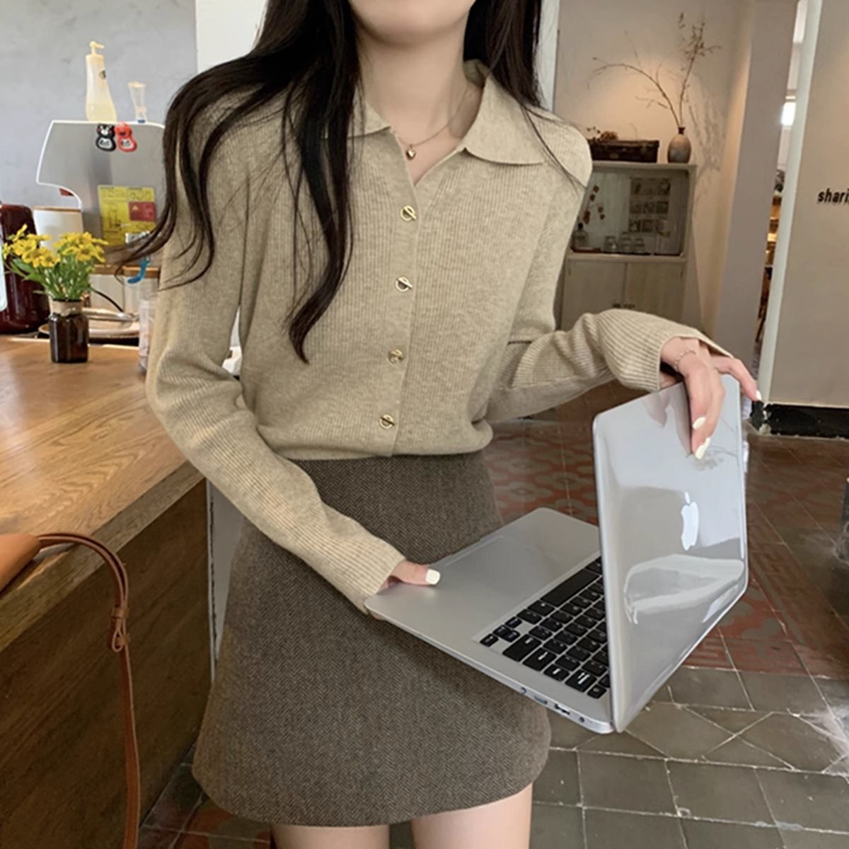 【 Cashmere Family 】 Polokragen Woll-Cardiganjacke Damen, locker gestrickt mit Reverskragen, kurzer Pullover für den Herbst_voghion.com
