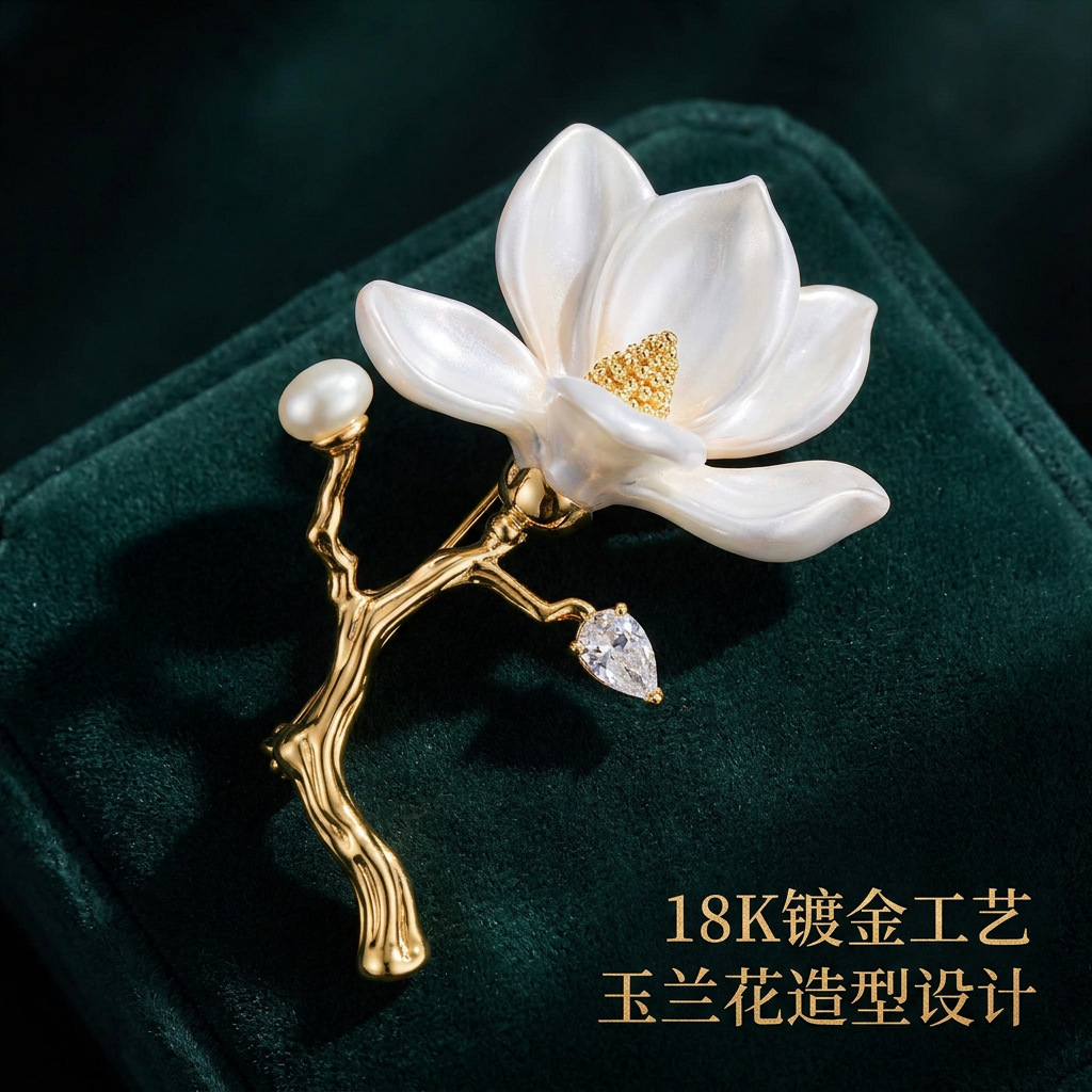 New Chinese-style enamel magnolia flower brooch, eco-friendly alloy, pearl and crystal embellishments, traditional Chinese-style pin, women's accessories, wholesale