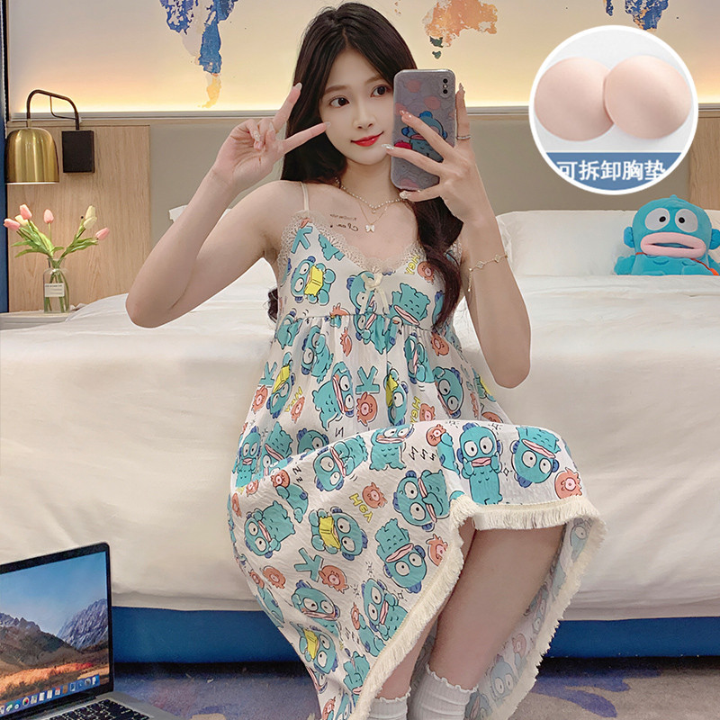 Verano damas de cabina larga pijama mujer cojín de pecho ropa de casa ropa de casa nubes de algodón dulce pijama de viento casual