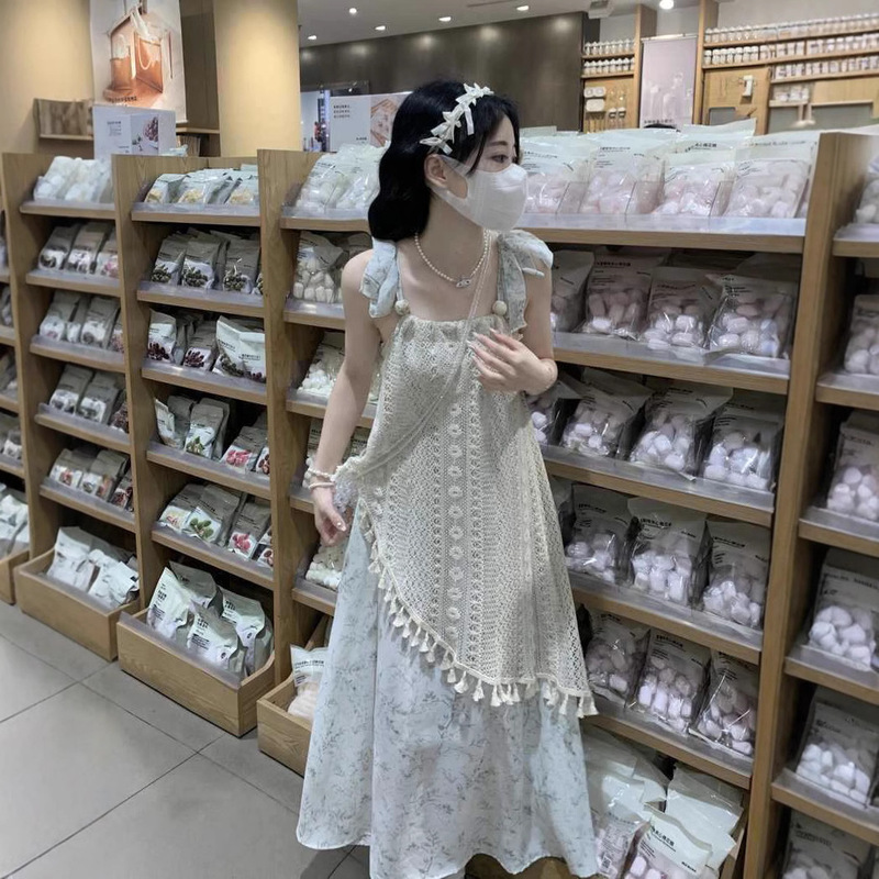 Seaside Holiday Style Fake Two-piece Sling dress Women's Summer Elegant Super Fairy Printed Tassel Irregular Beach Dress