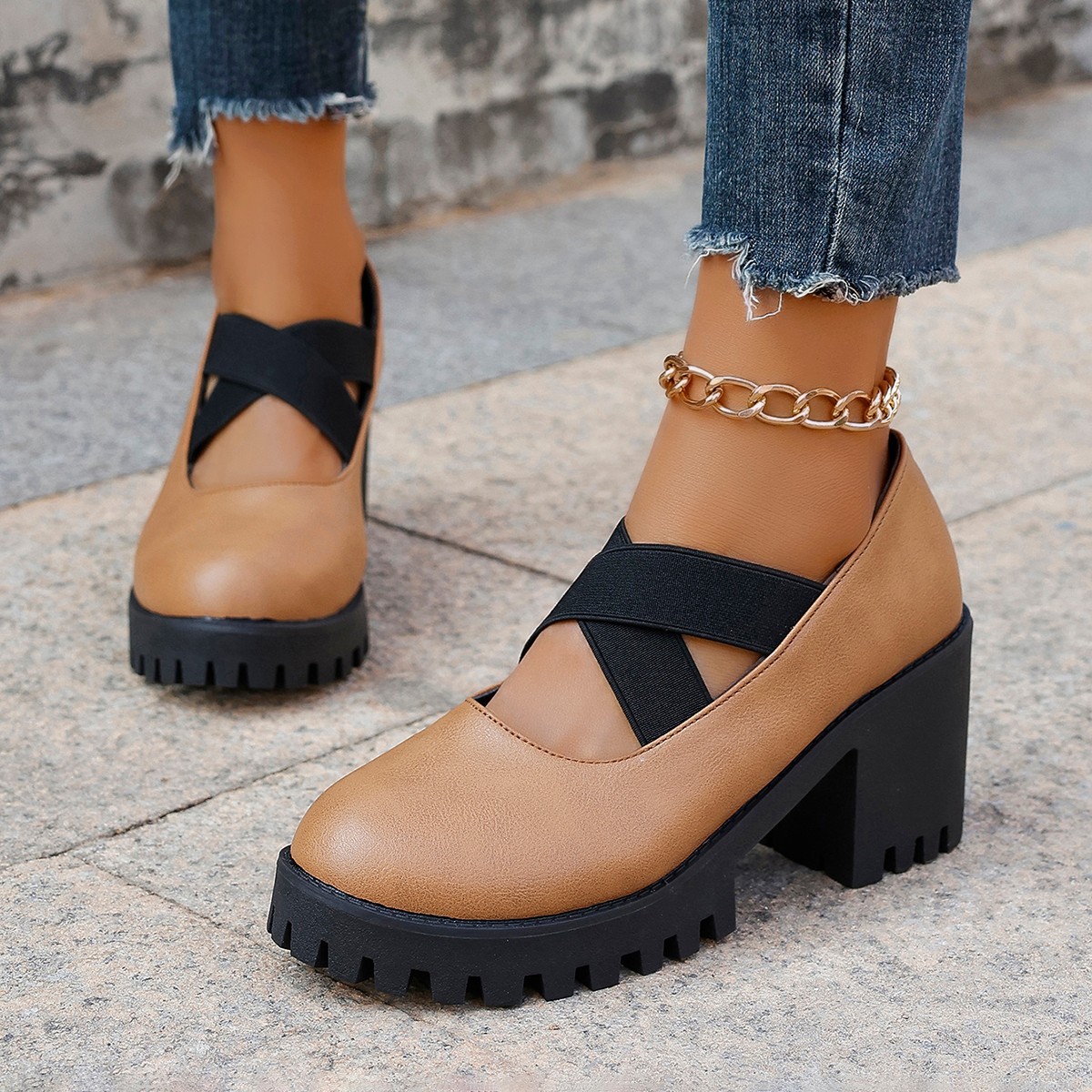 Professional Women's Crisscross Elastic High Heeled Shoes plus Size Chunky Heel Autumn New Style Dress Shoes_voghion.com