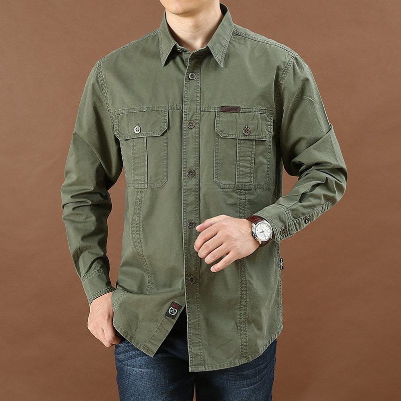 Men's casual loose long-sleeve shirt, new large size solid color shirt for young and middle-aged men, autumn workwear with pockets