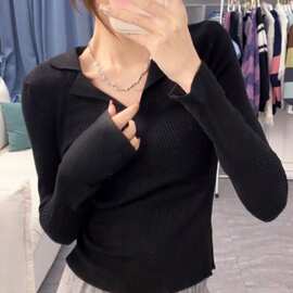 韩版Polo衫女设计感西装领针织衫上衣女纯色百搭打底衫内搭秋冬