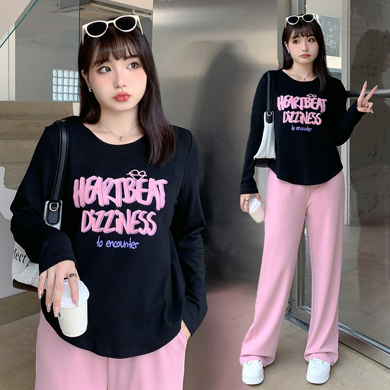 大码女装秋装200斤胖mmm潮T恤上衣酷减龄弧形下摆外穿打底衫3109