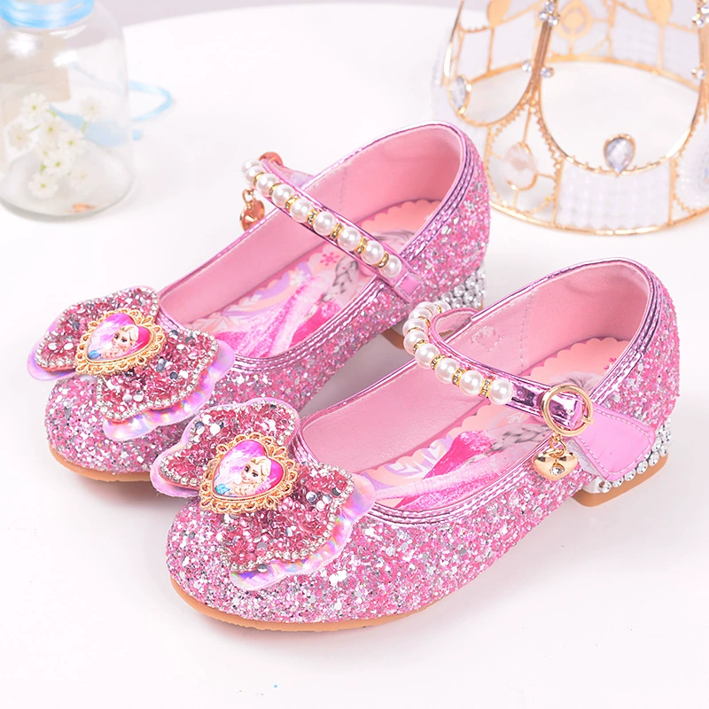 Весенняя и осенняя кожаная обувь для девочек, новые детские одиночные туфли на высоком каблуке, хрустальные туфли, замороженная детская обувь для девочек с блестками