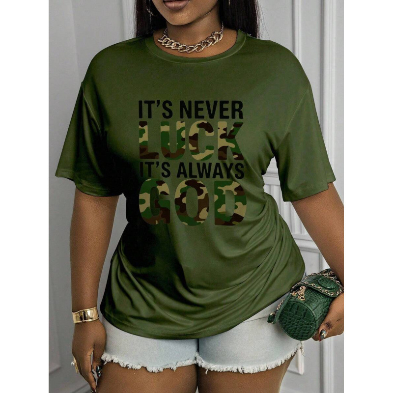 Cross-Border Pure Cotton Camouflage Letter Slogan T-Shirt for Women, Large Size Loose Short-Sleeved European and American Niche Trendy Women's Tops Cross-Border Pure Cotton Camouflage Letter Slogan T-Shirt for Women, Large Size Loose Short-Sleeved European and American Niche Trendy Women's Tops