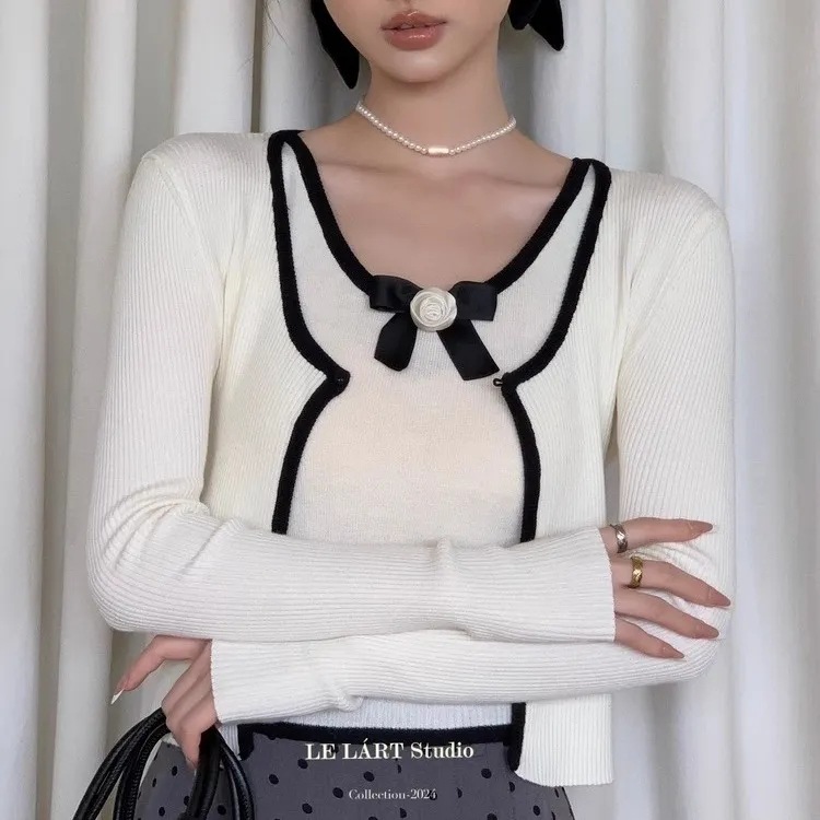 ins早秋新款法式撞色花朵蝴蝶结仙吊带背心长袖针织开衫两件套女