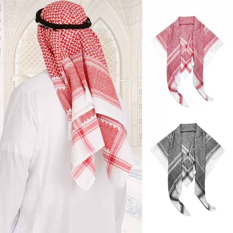 中东阿拉伯头巾跨境迪拜沙特红色印花方巾男士阿酋联格子围巾批发