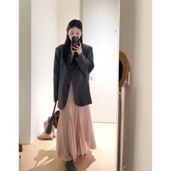 法式灰色长袖西装外套高级感气质收腰吊带连衣裙子套装