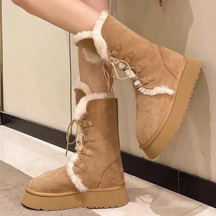 Winter fleece boots platform, keep warm shoes, mid-length