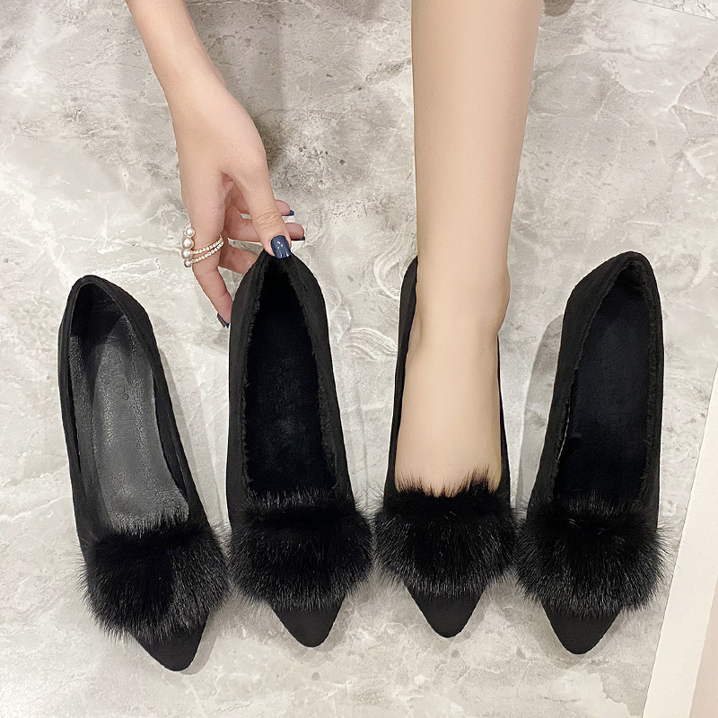 Elegant Furry Shoes for Women 2026 New Autumn and Winter Thick Heel Pointed Toe High Heels with Mink Fur for Women