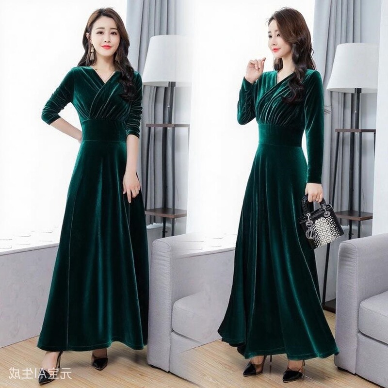 2025 Spring, Autumn and Winter New Gold Velvet Dress Long Slim Elegant Long-Sleeved Large Size Autumn Women's Long Skirt