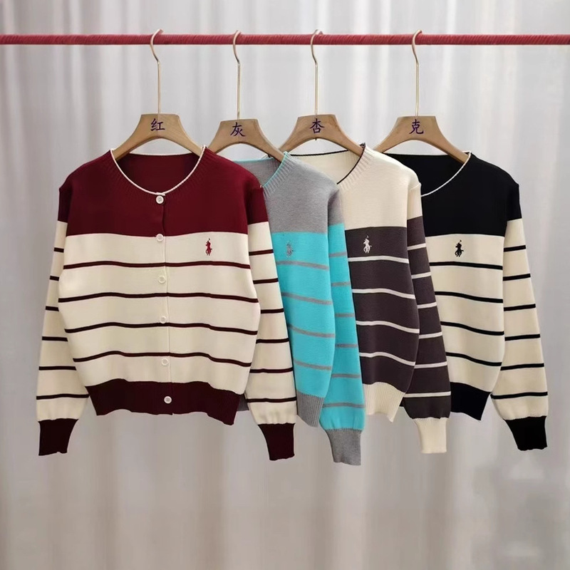 Korean Style Retro Round Neck Autumn and Winter New Lazy Striped Jacket Embroidered Knitted Cardigan Women's Long-sleeved Elegant Top