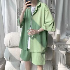 セクシーストリートスーツメンズ夏英国ヤッピーメンズスーツカップル成熟したアイスシルク七分袖シャツ