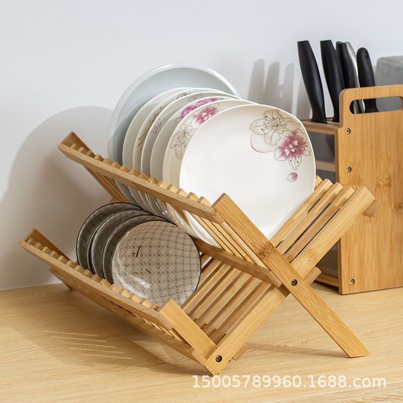 Estante de platos plegables de bambú estante de drenaje de almacenamiento y acabado de montaje multifuncional de taza integrada estante de platos de bambú