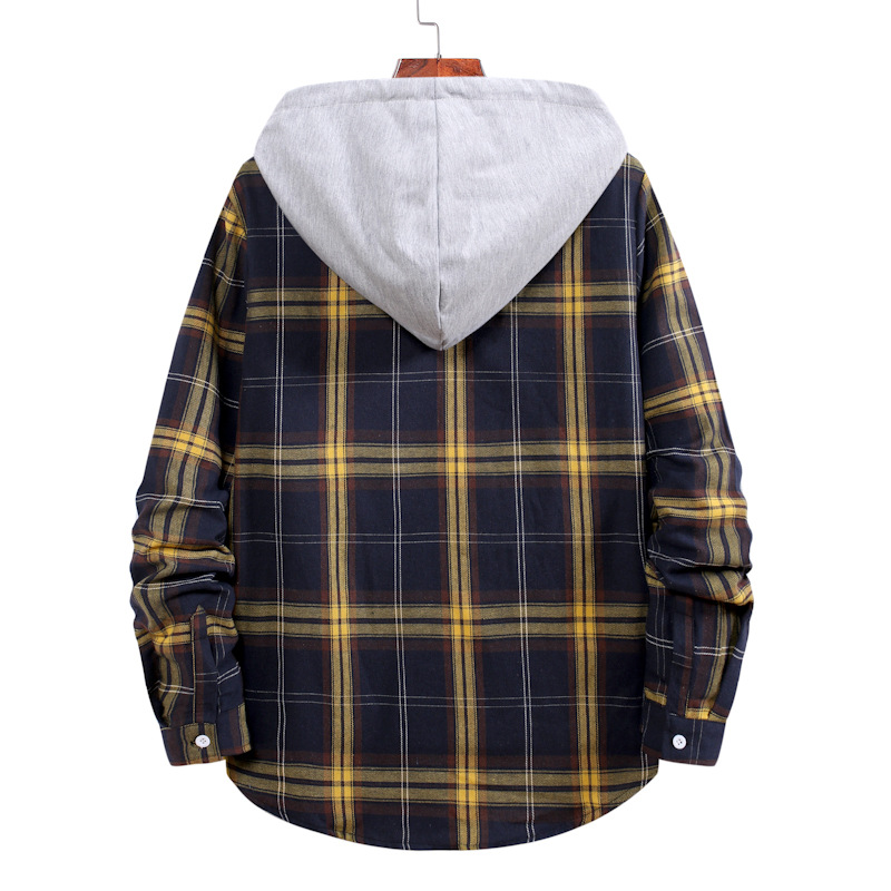 Camicia a maniche lunghe casual alla moda di grandi dimensioni con cappuccio scozzese allentato da uomo 2024_voghion.com